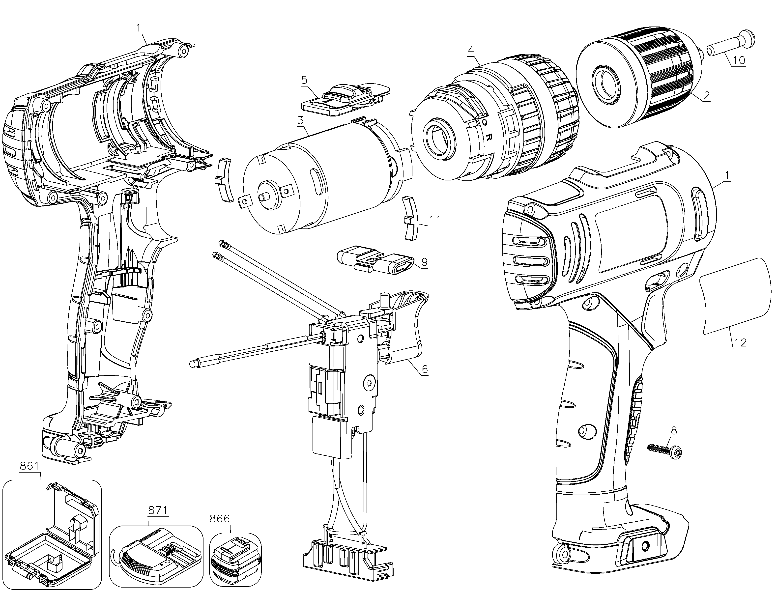 Default Diagram and Parts List for SCH12S2K-B2 Type 1 Black and Decker Hammer